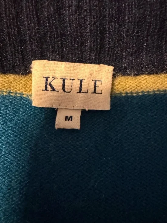 KULE Navy-Trim Striped V-Neck Cardigan in Coral, Teal & Olive - Picture 5 of 15